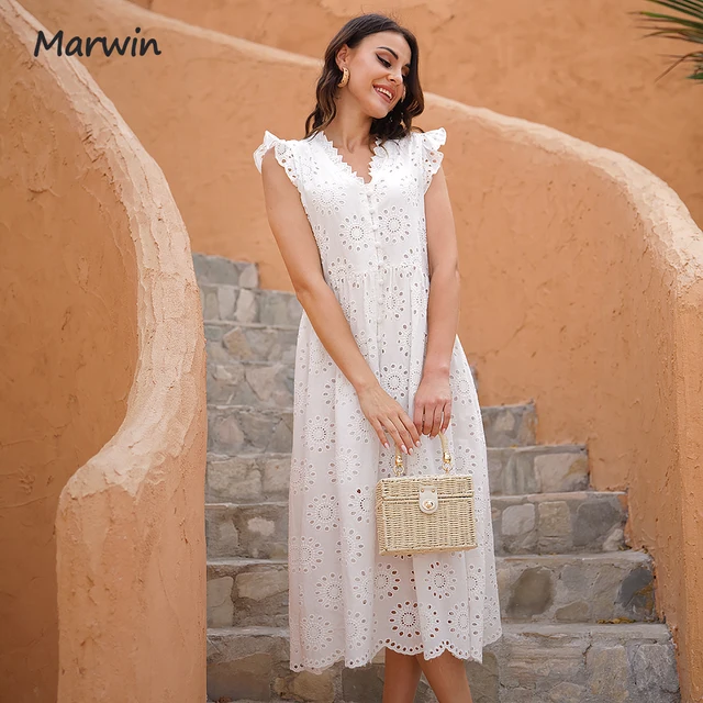 Marwin Long Simple Casual Solid Hollow Out Pure Cotton Holiday Style High Waist Fashion Mid-Calf Summer Dresses NEW Vestidos 2