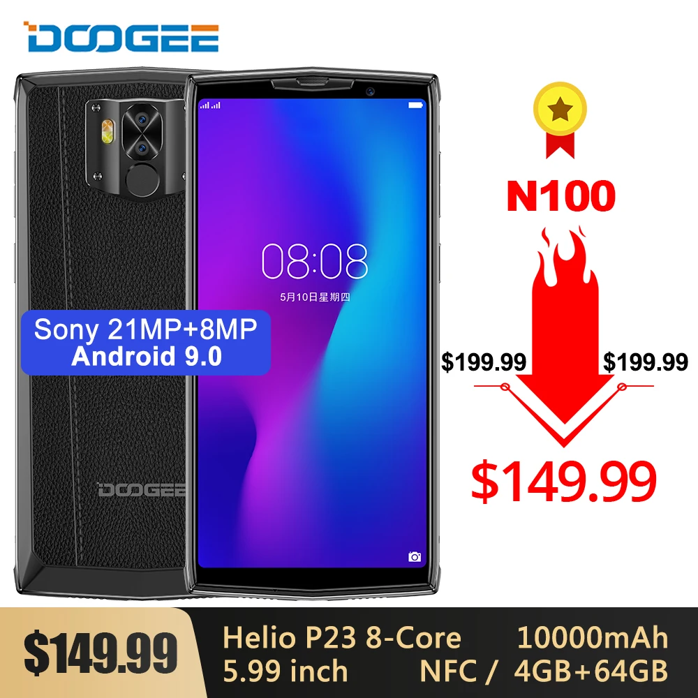 DOOGEE N100 мобильный телефон 10000mAh 5,99 ''FHD+ дисплей Helio P23 MT6763 Восьмиядерный 4 Гб 64 Гб 21 МП камера Android 9,0 4G LTE телефон