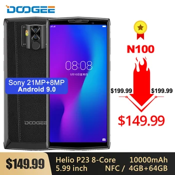 

DOOGEE N100 Mobile Phone 10000mAh 5.99'' FHD+ Display Helio P23 MT6763 Octa Core 4GB 64GB 21MP Camera Android 9.0 4G LTE Phone