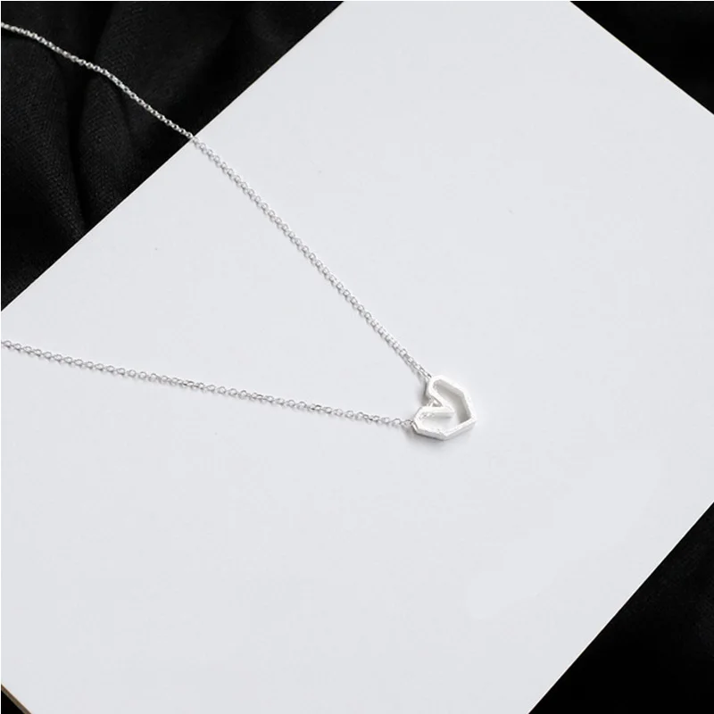 S925 Sterling Silver Simple Design Geometric Edge Love Pendant Clavicle Necklace for Women Fine Jewelry