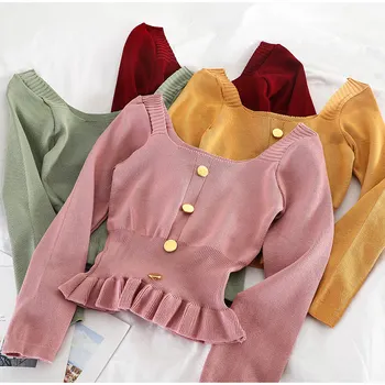 

Korean Version Women Short Sweater Button Long Sleeve Ruffles Hem Knitted Female Pullovers Spring Fashion Casual Ladies Sweaters