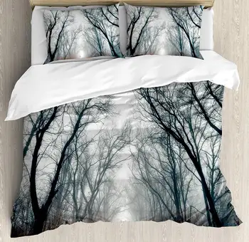 

Mystic Duvet Cover Set Road Towards The Cloudy Autumn Sky Trees Golden Yellow Leaves on The Ground Artwork Decorative 3 Piece