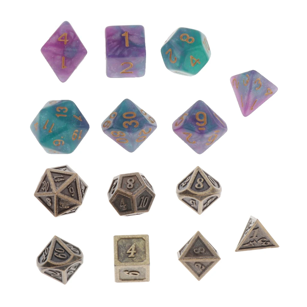 14 Pieces Durable Plastic and Metal Dices Set - Game Polyhedral Solid D&D Dice Set for Role Playing Game