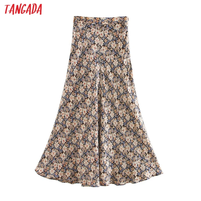 Tangada women floral print A-line skirt faldas mujer vintage side zipper office ladies elegant chic skirts 3L68
