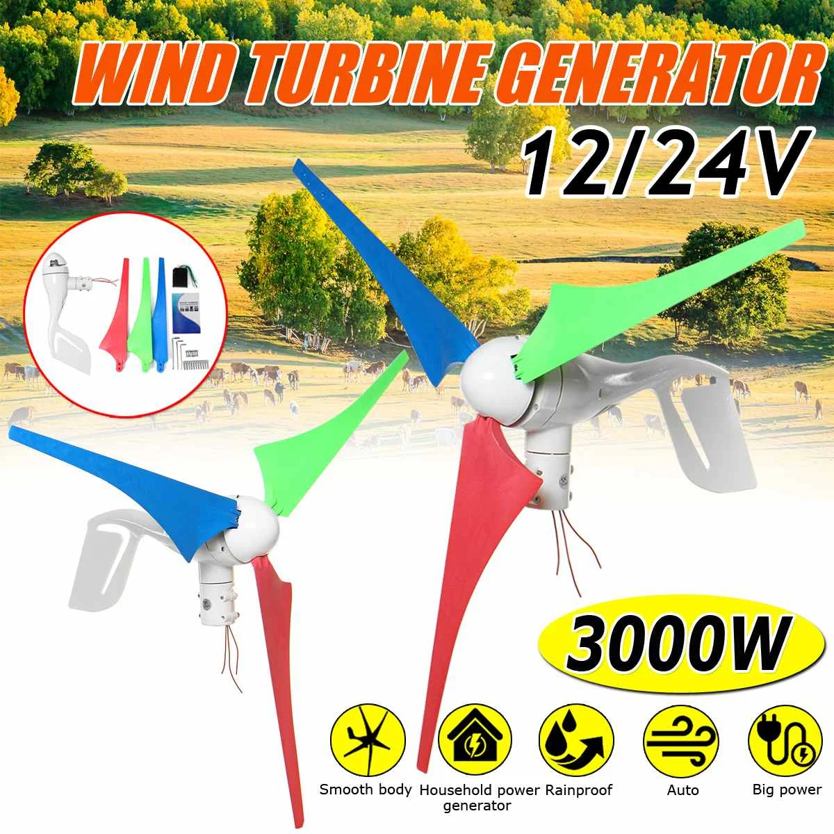 1500 W/3000 Вт ветер turbinen генератор альтернативной энергии генератор энергии ветра 3 лопасти и двигатель комплект 12/24V Авто Мощность ветряная мельница