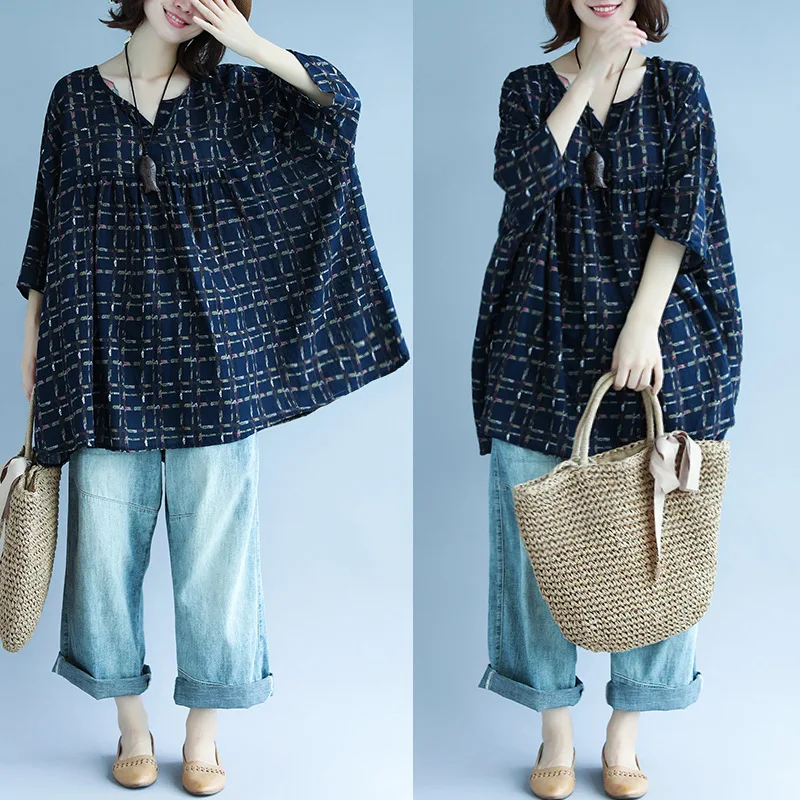 

2019 Summer New Style Large Size 260-450 of Fat Mm Casual Loose-Fit Plaid Short-sleeved Top T-shirt WOMEN'S Dress
