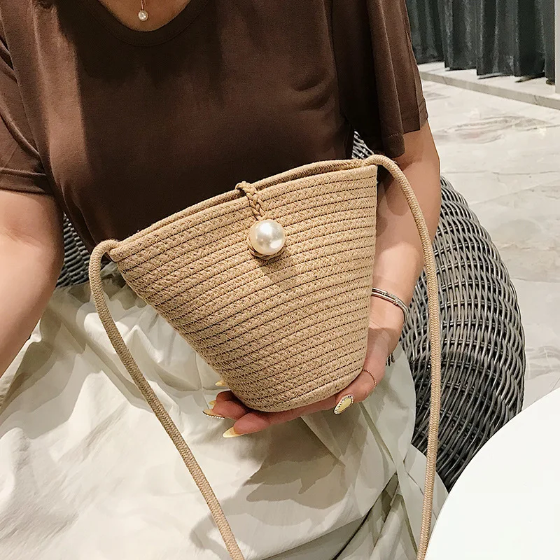 

2019 New Style Straw Hat Mini Straw Bag Pearl Decoration Shoulder WOMEN'S Bag