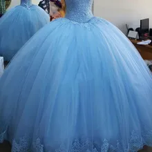 Светло-Голубое Бальное Платье принцессы бальные платья с коротким рукавом Аппликация из бисера тюля кружева обратно платья выпускного вечера сладкий 16 день рождения