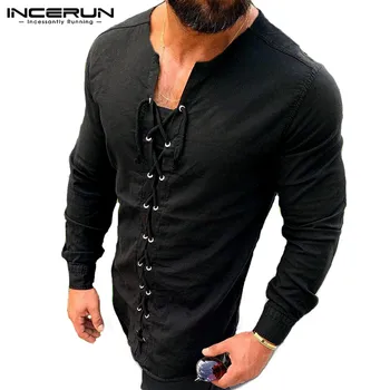 

INCERUN Vintage Men T Shirt V Neck Lace Up Streetwear Long Sleeve Tee Tops Retro Chic Brand Solid Color Casual T-shirt Men 2020