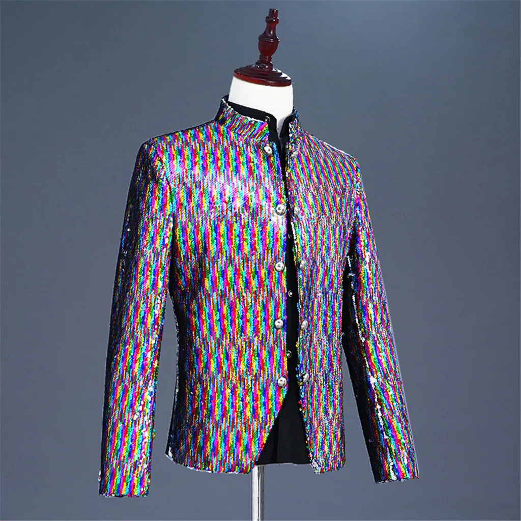 Men's Fashion Sequin Costumes Suit Jacket Stand Collar Nightclub Costumes Tops Blazers Single button For Men Stylish Suit 9.21