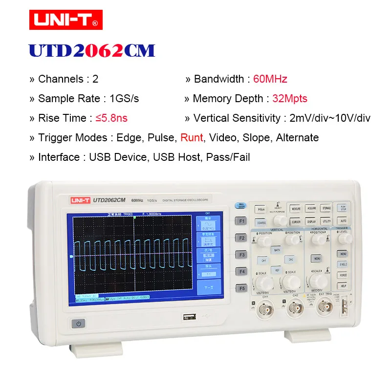 UNI-T UTD2062CM 2102 см 2202 см 100-240 В Многофункциональный цифровой осциллограф переключаемые зонды 2 канала 1GS/s с USB - Цвет: UTD2062CM 60MHz