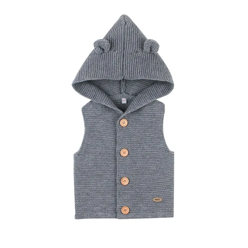 Осенний детский однотонный жилет с капюшоном и принтом для маленьких девочек и мальчиков 0-24 месяцев, свитер, топы без рукавов, пальто, верхняя одежда - Цвет: F