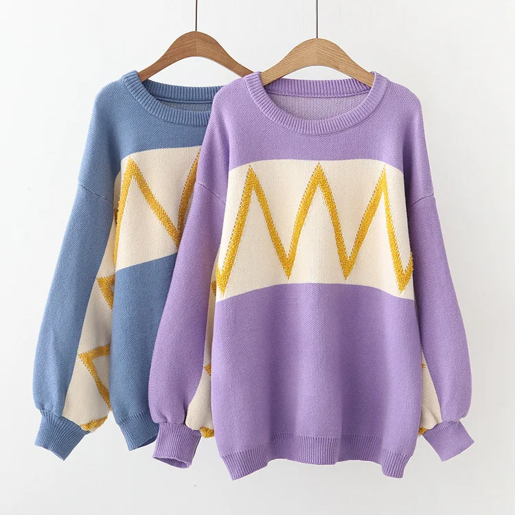 

Fall And Winter Clothes Japanese-style Mori Girl Line Large Size Lantern Sleeve Mixed Colors Wave Sweater Loose-Fit College Styl