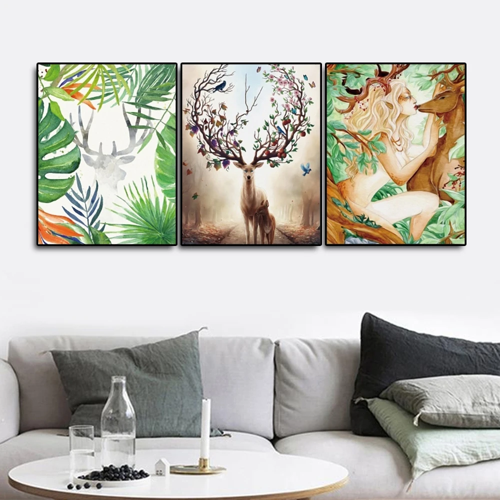 

Nordic Scandinavian Style Plants Elk Poster Green Leaves Decorative Picture Modern Wall Art Paintings for Living Room Home Decor
