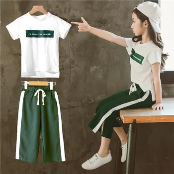 

Children's Suit Girls Summer Outfits Fashion Ribbon Cropped Pants + Letter Short-sleeved Two-Piece Kids Clothing Sets 8 12 Years