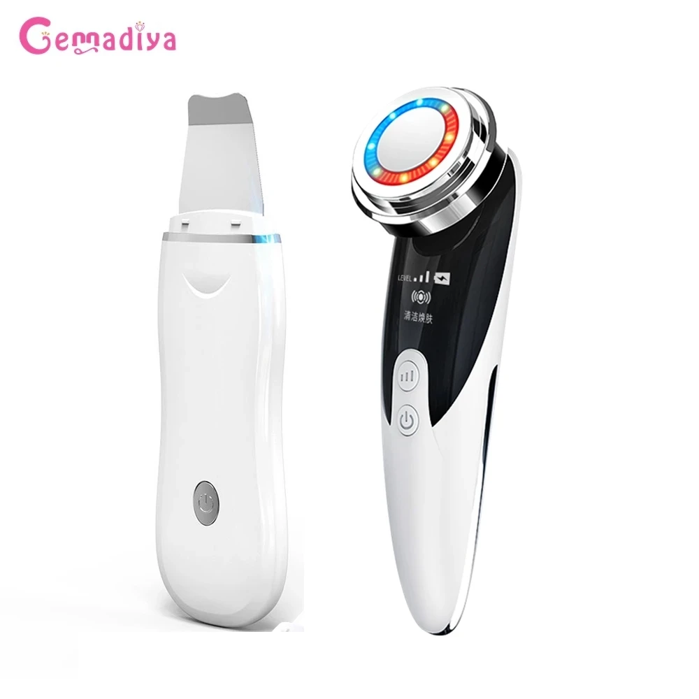 Ultrasonic Skin Scrubber Massage For Face Peeling Shovel Pore Clean LED Photon Wrinkle Removal Skin Rejuvenation Facial Massager 6 in 1 electric facial cleansing brush led display face cleaner blackhead removal pore clean skin rejuvenation beauty care