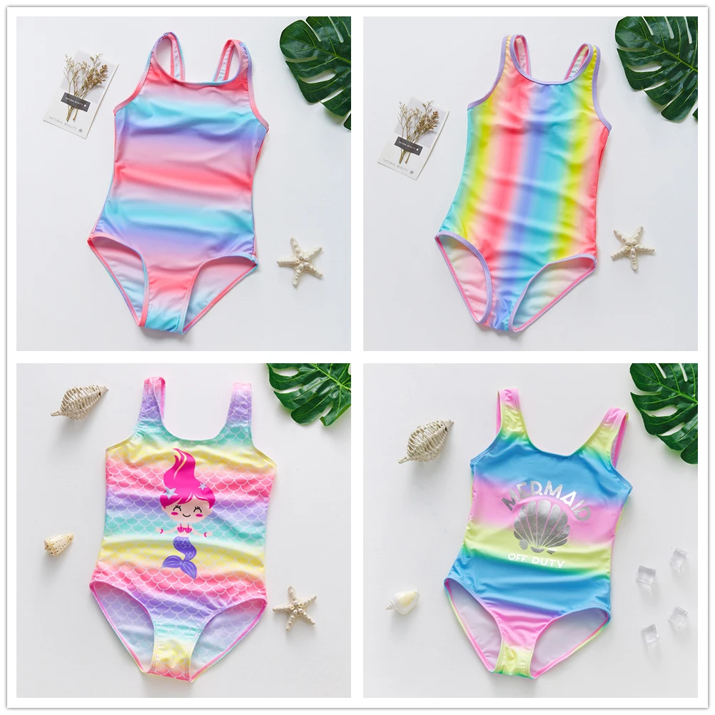 Girls Swimwear Beachwear Bathing-Suit-St9070mix Rainbow Teenager One-Piece 2-16year Kids