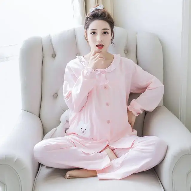 Pregnant Women Feeding Clothes Pajamas Spring Autumn Pure Cotton Female Suit - Цвет: Розовый