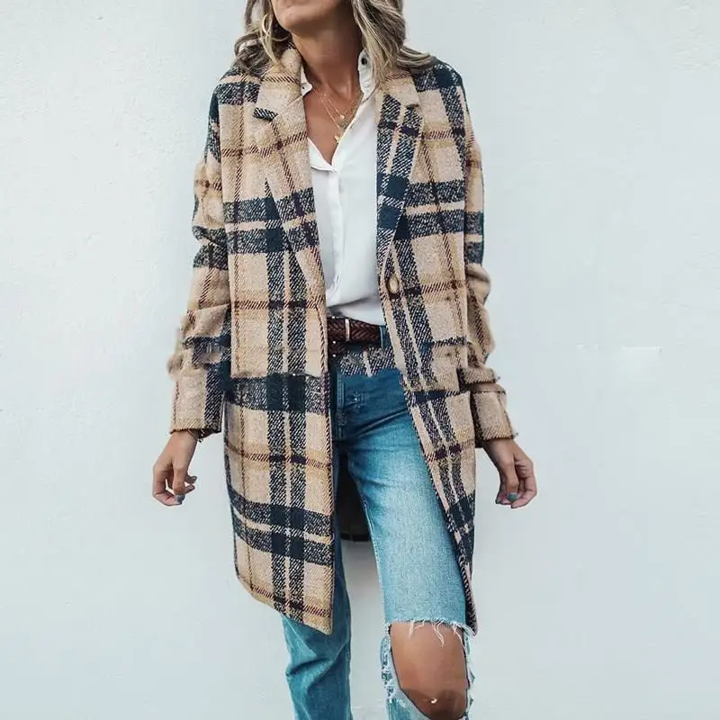 

2019 Fall Winter Women Loose Long Plaid Wool Overcoat Coat Single Breasted Plus Size Wool Coat Turn-Down Collar Coat