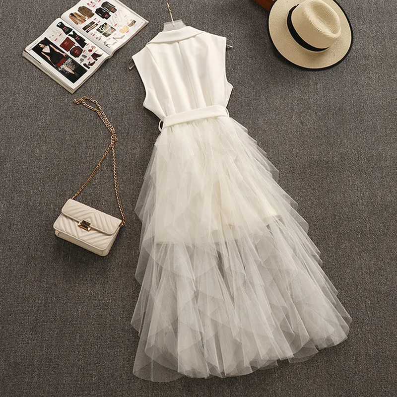 Летнее платье из двух частей, белое платье без рукавов с необработанным краем, Сетчатое платье без рукавов в стиле пэчворк