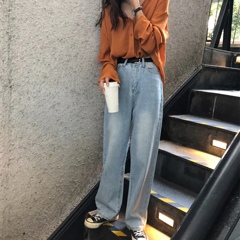 High Waist Jeans Women Leisure Loose Retro Wide Leg Female Jean Korean Style All-match Simple Full-length Trendy Chic Zipper Fly