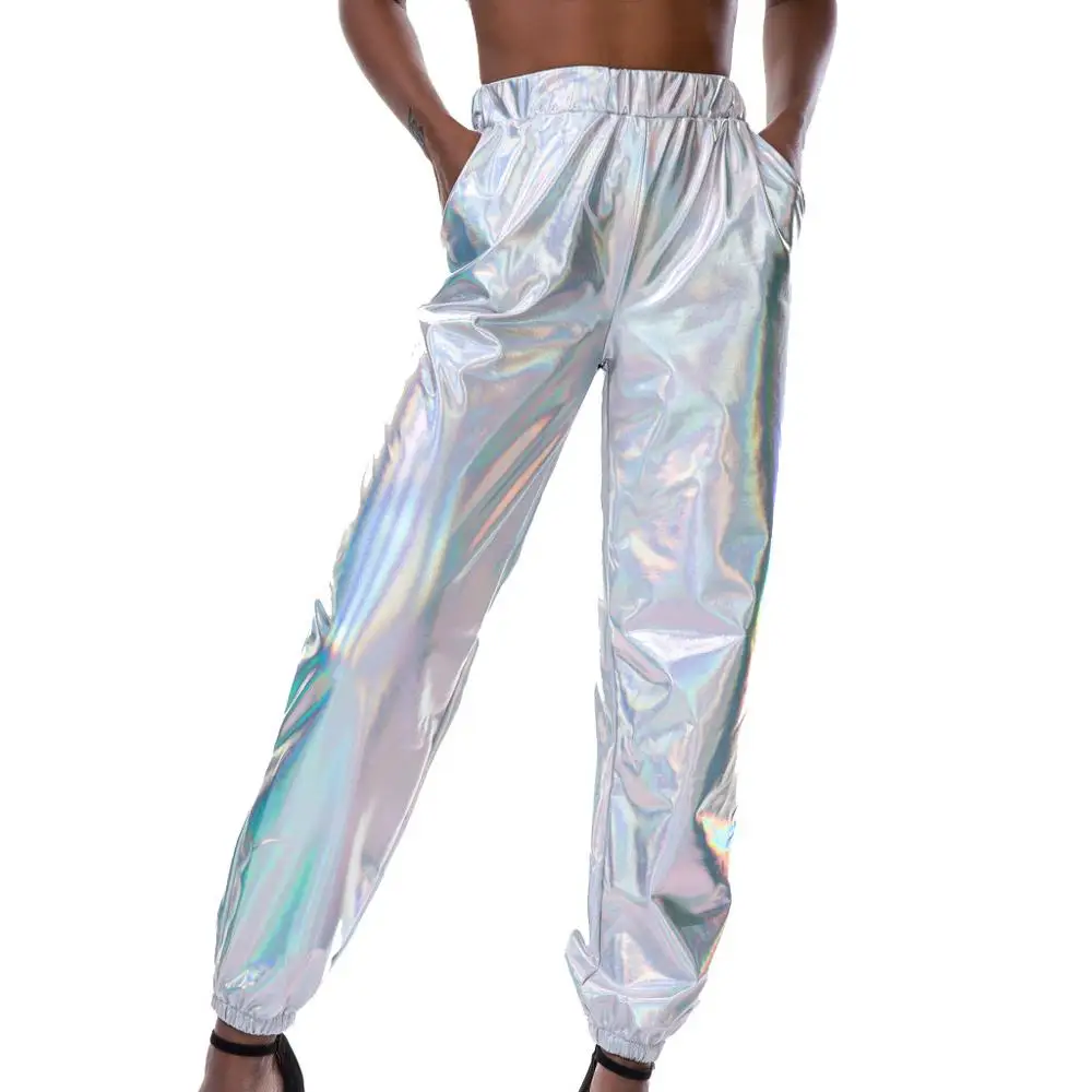 Женские повседневные спортивные уличные хип-хоп вечерние блестящие волшебный для брюк с высокой талией одноцветные длинные штаны для бега - Цвет: Белый