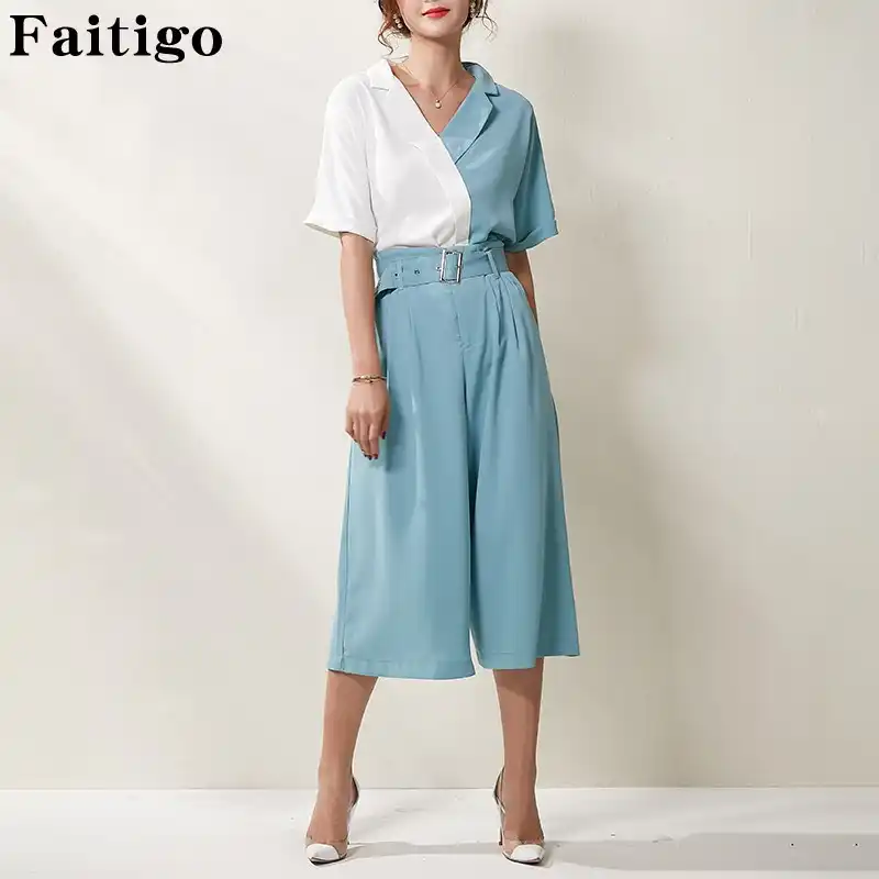 ツーピースセットトップとパンツの女性ファッションカジュアル夏半袖ブラウス ハイウエストワイドレッグパンツとベルトオフィスセット レディースセット Aliexpress