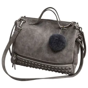 

Vintage PU leather Ladies Handbags Rivet Larger Women Bags Hair Ball Shoulder Bag Motorcycle Messenger Bag Top-Handle Bag(light