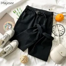 Джинсы женские корейский Стиль Высокая талия деним Черный Гарем лодыжки длина брюки женские s свободные студенты Харадзюку повседневный уличный стиль