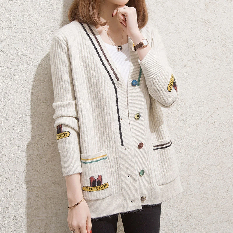 

Spring Women's Knitted long Sweater Charater Print 5 Colors Solid autumn Ladies Cardigans Long Sleeves V-neck Single Breasted