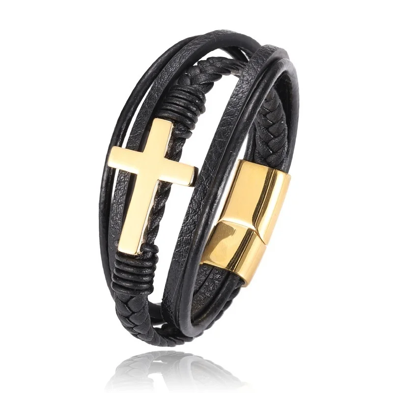 ブレスレット [LANARCH][2180] Black Leather Cross Bracelet Cross Braided Leather Bracelet | Leather Matching