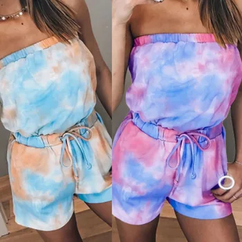 

Women Tie Dye Casual Clothing Sets Sexy Strapless Tube Top + High Waist Shorts Lady Summer Streetwear
