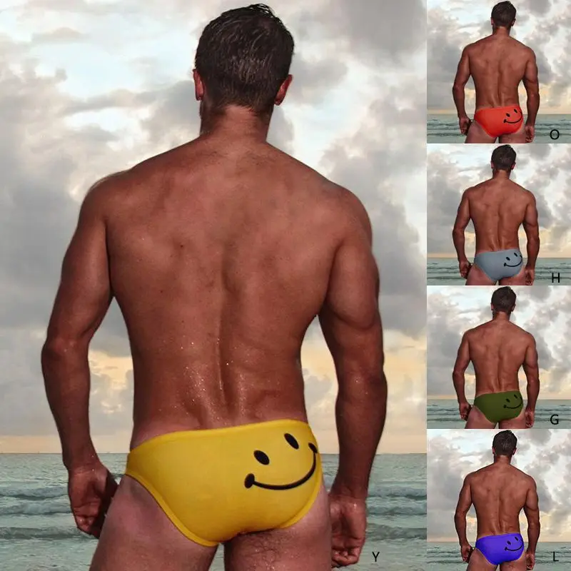 Low Waist Men Swim Briefs Cartoon Smiling Face Printed Elastic Cotton Beach Trunks Swimsuit