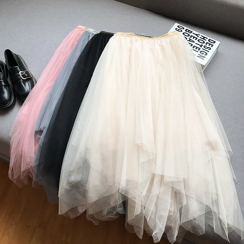 

Korean-style Solid Color Irregular Fine Mesh Skirt Simple Loose-Fit Medium-length Dress-Style New Style Casual Western Style 2.1