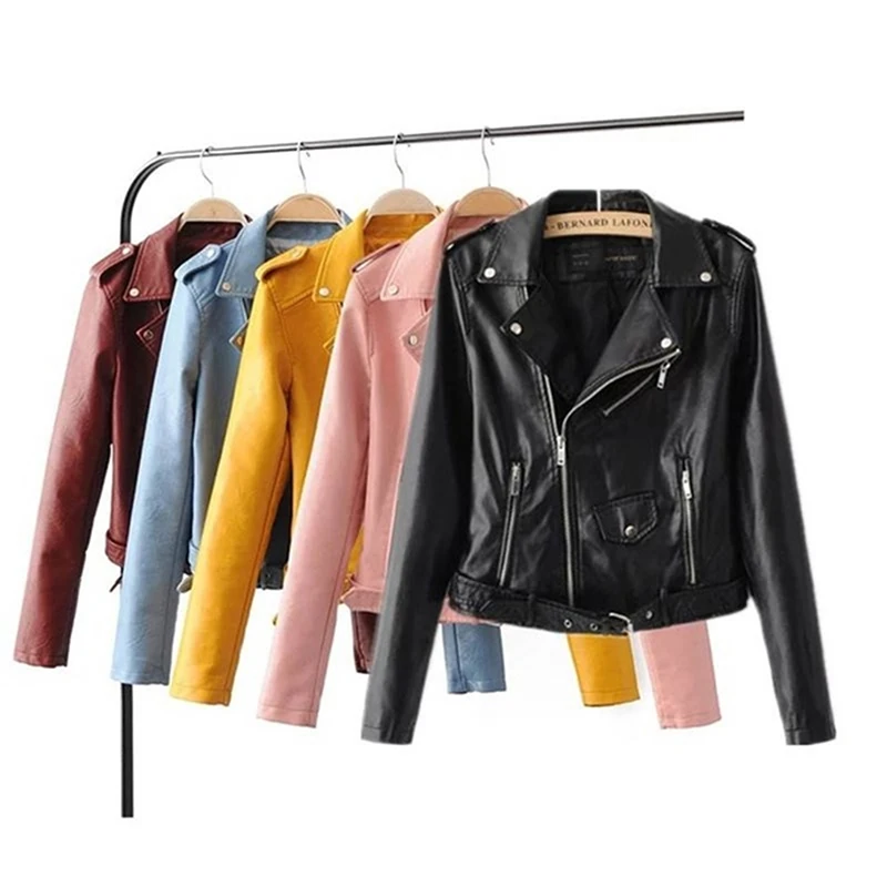 price cut  Pu Leather Jacket Women Fashion Black Motorcycle Coat Short Pu Leather Zipper Basic Coat Turn-down 