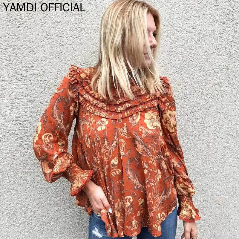 YAMDI Новое поступление осень-зима блузка женская Для женщин Винтаж взлетно-посадочной полосы Chic с цветочным принтом рубашка Boho Laddy рюшами Пейсли Топы B