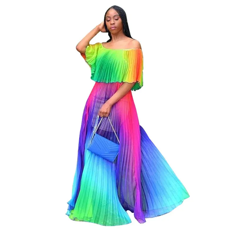 Mooie Zomer Regenboog Geplooid Chiffon Maxi Jurk Vrouwen Off Shoulder Lange Feestjurk Casual Bohemian Ruches Jurk Mooie Zomer Regenboog Geplooid Chiffon Maxi Jurk Vrouwen Off Shoulder Lange Feestjurk Casual Bohemian Ruches Jurk