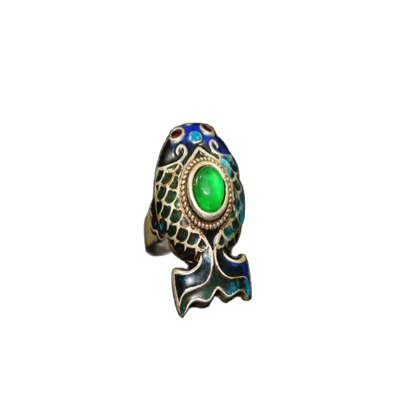 

China Old Tibetan Silver Inlaid Jade Fish Lady Ring Ornament