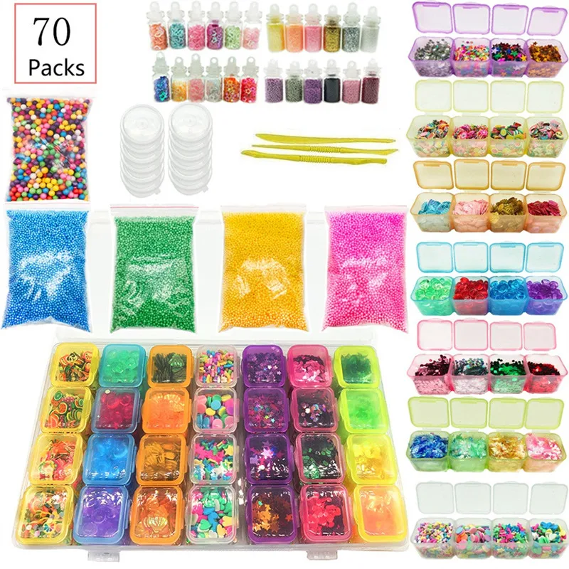  70pcs DIY Slime Kit Supplies Clear Crystal Slime Making Kit Slime Foam Beads Glitter Fruit Slices and Fishbowl Beads Included (19)