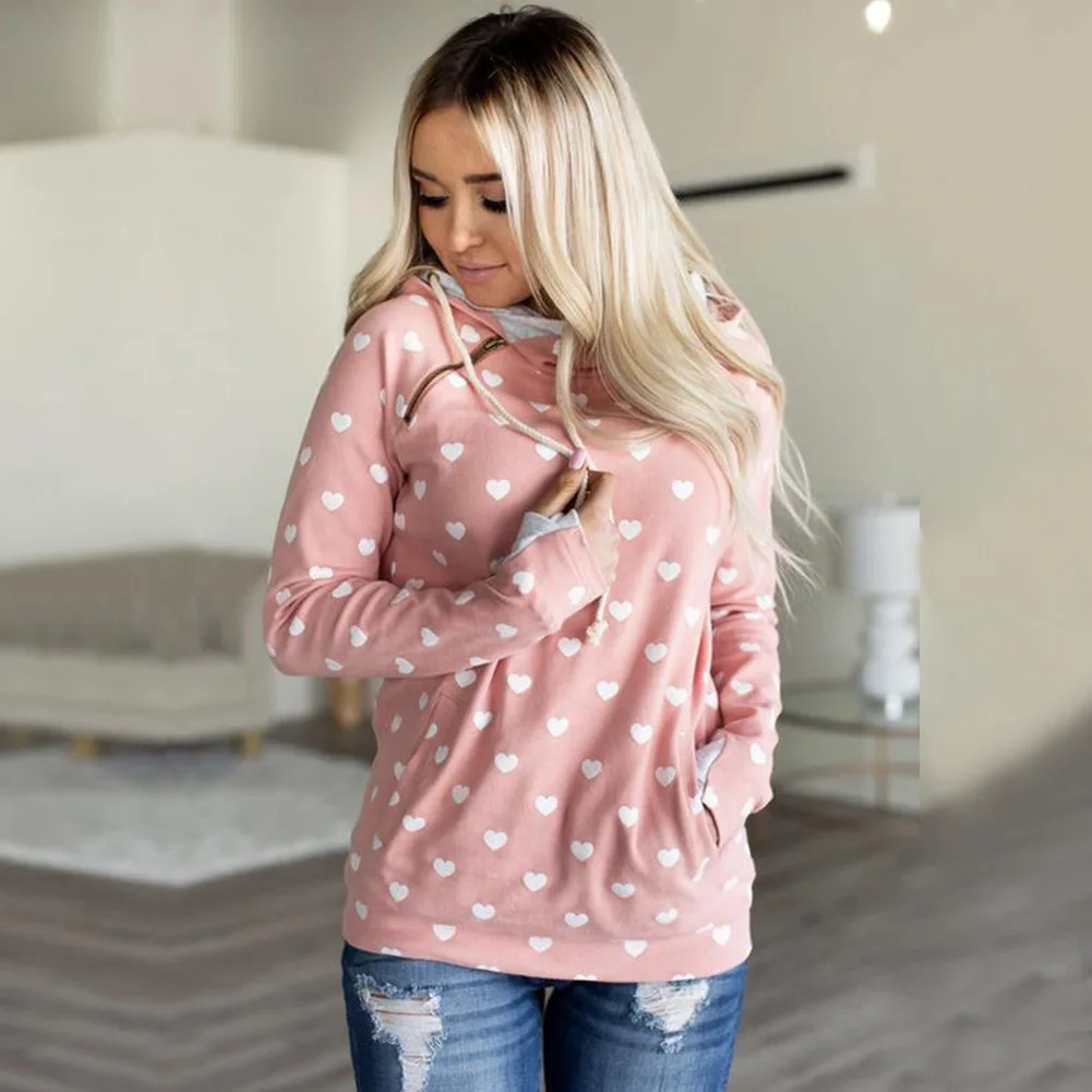 

Autumn Hooded Side Zipper Drawstring Irregular Hoodies Slim Heart-Shaped Print Pink Sweatshirts Pockets Casual Pullover Women