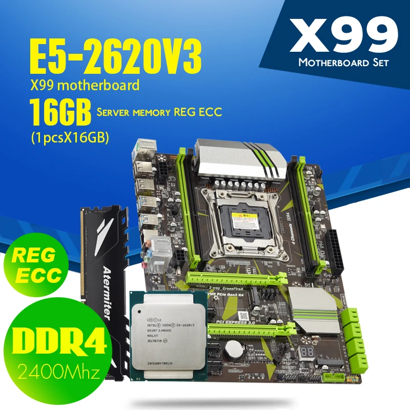 Комплект материнской платы Atermiter X99 D4 с Xeon E5 2620 V3 LGA2011 3 ЦПУ 1 шт. X 16 ГБ = Гб 2400 МГц DDR4