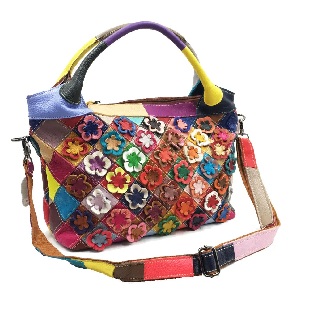 

A Generation of Fat New Style WOMEN'S Leather Bags Cowhide Hand Shoulder Bag Mixed Colors Flower WOMEN'S Bag Europe And America