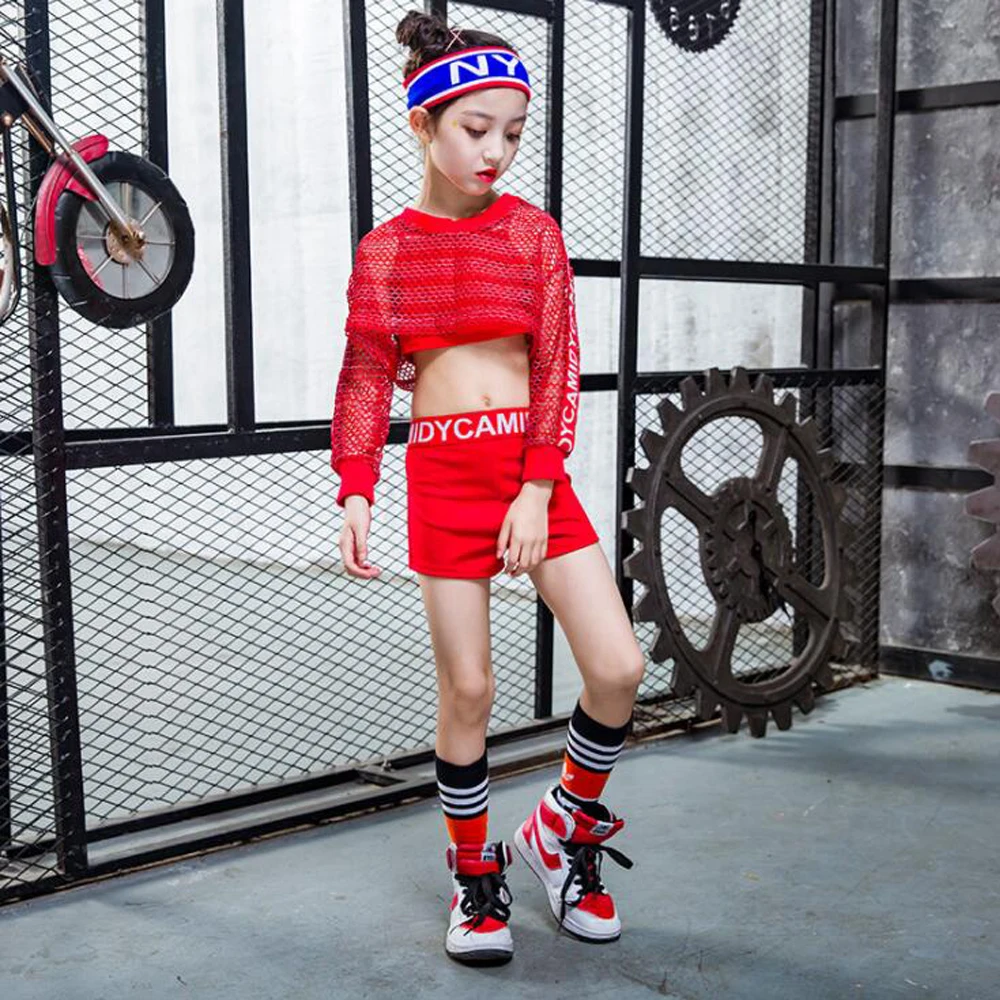 3PCS-Girls-Red-Cool-Ballroom-Jazz-Hip-Hop-Dance-Competition-Costume-Tank-Tops-Shorts-Net-Blouse (3)