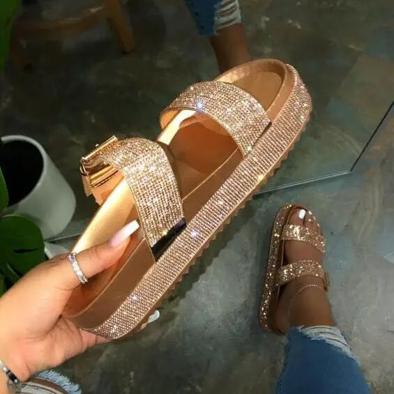 

Spring/summer 2020 women double-layer rhinestone buckle sandals outside wild beach slippers ladies leisure home travel flip flop