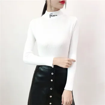 

Women Tops Casual Autumn Winter New Letter Semi-High Collar Knitted Sweater Female Slim Fit Long Sleeve Bottoming Sweater 932E7
