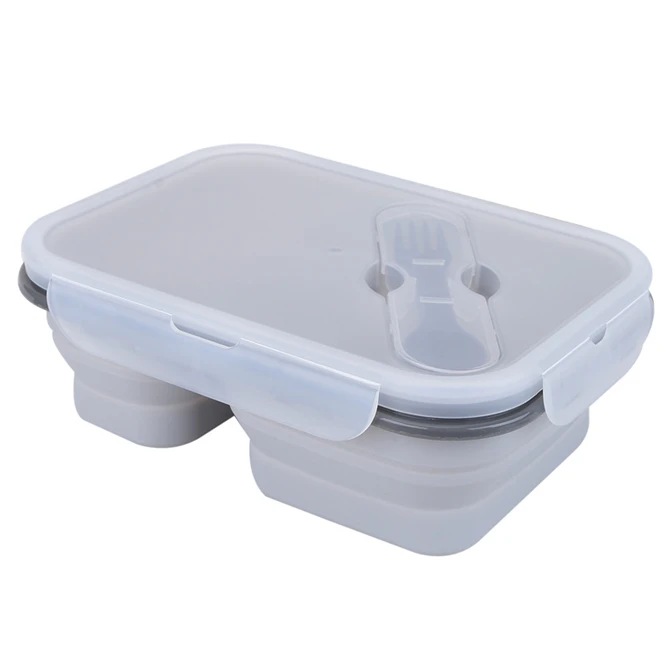 High-quality 2 Cells Silicone Collapsible Portable Folding Lunch Box Microwave Oven Bowl Food Storage Lunch Container Lunchbox - Цвет: Gray
