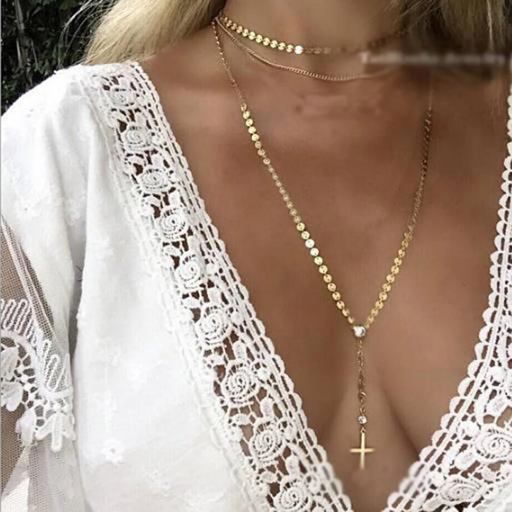 

Exaggerated Gold Color Crystal Sequin Choker Necklace for Women Long Chain Cross Pendant Multilayer Statement Necklace Collier