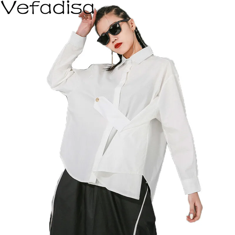Vefadisa, однотонный кардиган, блузка для женщин, весна, ассиметричная, длинный рукав, блузка, белая, повседневная, однобортная, размера плюс, QYF1668