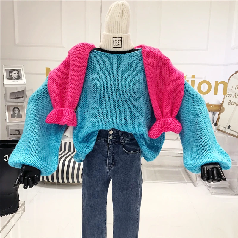 

Sexy Hollow Out Lantern Sleeve Knit Sweater Women Fall 2020 New Lazy Loose Jacket. Slash Neck Thin Womens Winter Sweaters