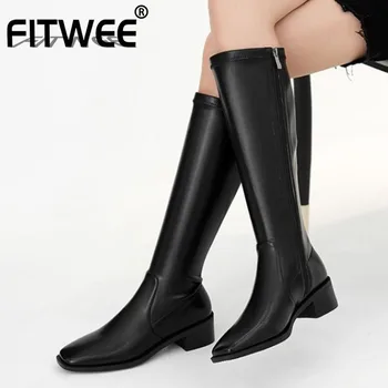 

FITWEE Women Knee High Boots Thick Heel Zipper Shoes Square Toe Winter Warm Boots Women Fashion Party Footwear Size 33-40